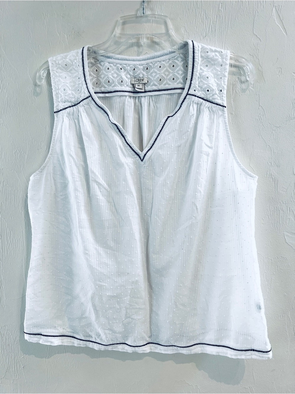 J. Crew White Eyelet V-Neck Sleeveless Top with Navy Trim